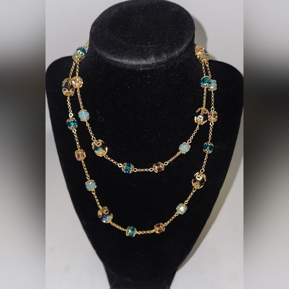 Vintage Gold Plated Sautoir Necklace Bezeled Multicolor Glimmering Glass Details